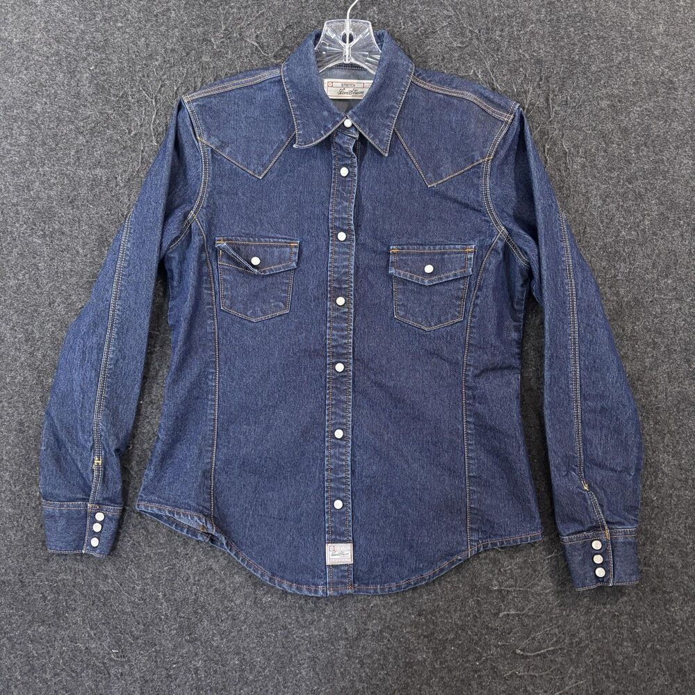 Levi Strauss Signature Shirt Women's Small Blue Stretch Denim Western Pearl Snap